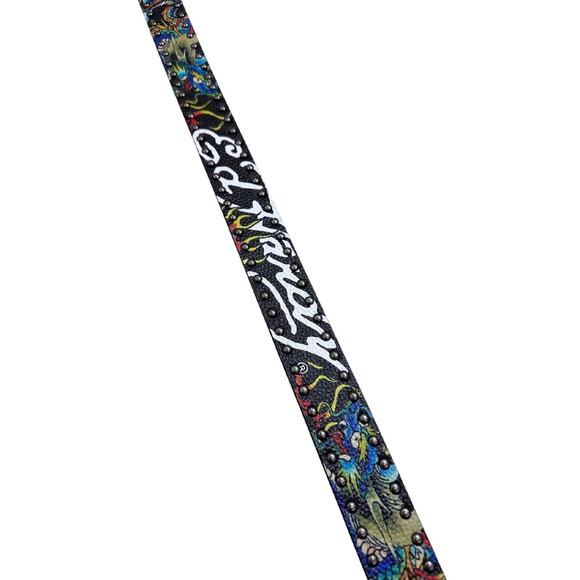 Ed Hardy Men's Dragon Tattoo Rivet Studs Black Belt With Plaque Buckle - Picture 6 of 6
